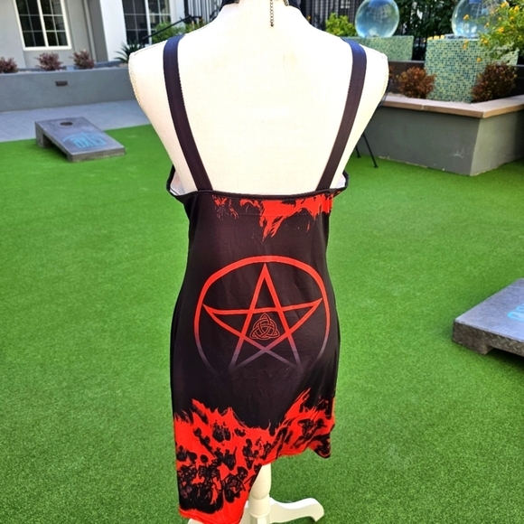 Witchy Gothic ✦ Skull & Pentacle Print A-Line Dress ✦ O-Ring Straps ✦ Red/Black - Picture 4 of 17